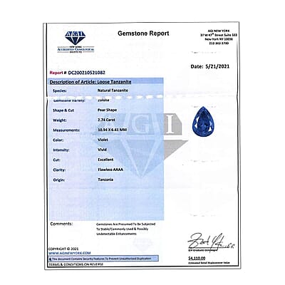 Certified and Appraised AAAA Tanzanite (Pear Free Size) 2.50 ctw