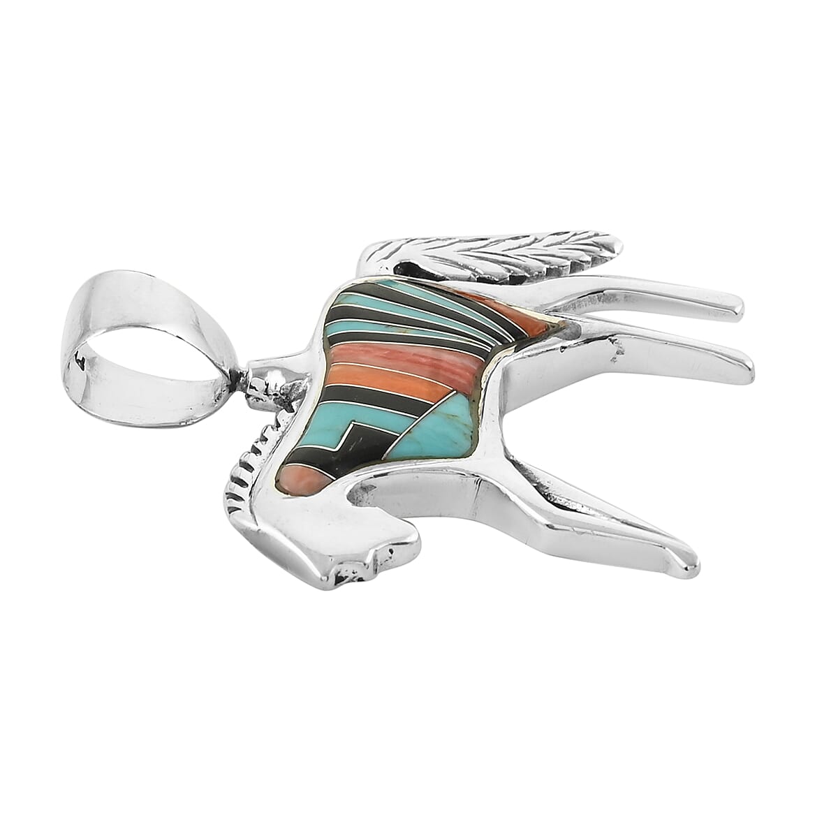 Santa Fe Style Multi Gemstone Reversible Tribal Horse Pendant in Sterling Silver 7.20 Grams 1.30 ctw image number 3