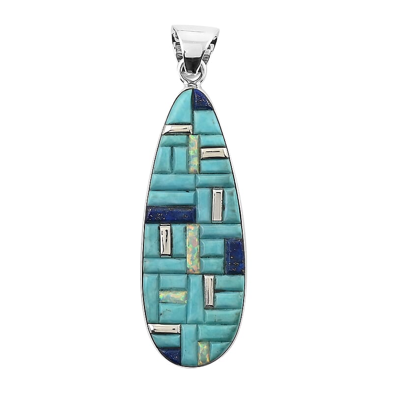 Santa Fe Style Lab Created Opal and Multi Gemstone Oval Drop Pendant in Sterling Silver 3.25 ctw