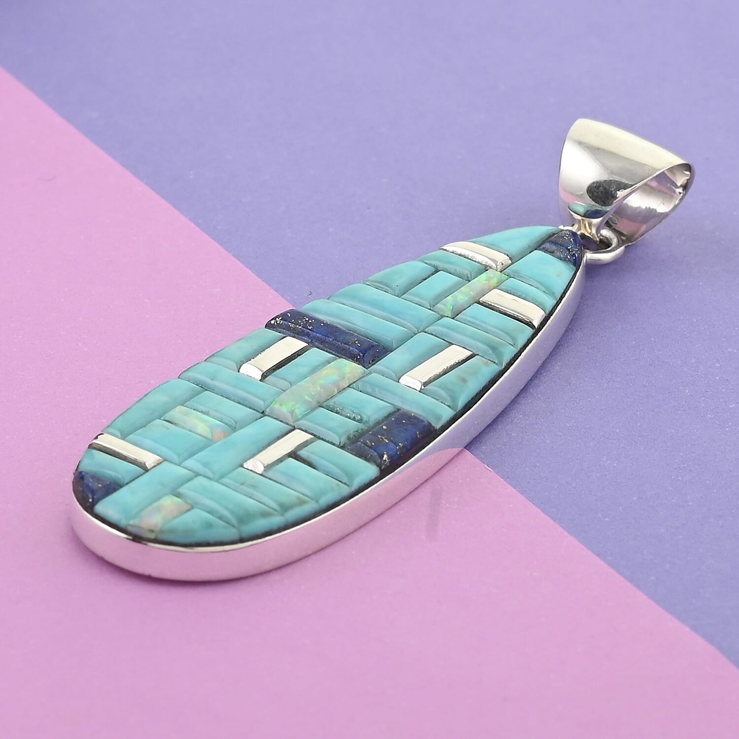 Santa Fe Style Lab Created Opal and Multi Gemstone Oval Drop Pendant in Sterling Silver 3.25 ctw