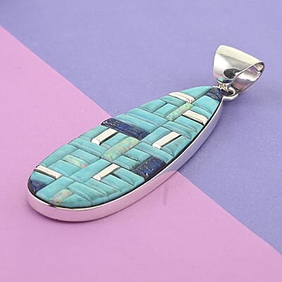 Santa Fe Style Lab Created Opal and Multi Gemstone Oval Drop Pendant in Sterling Silver 3.25 ctw