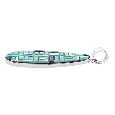 Santa Fe Style Lab Created Opal and Multi Gemstone Oval Drop Pendant in Sterling Silver 3.25 ctw
