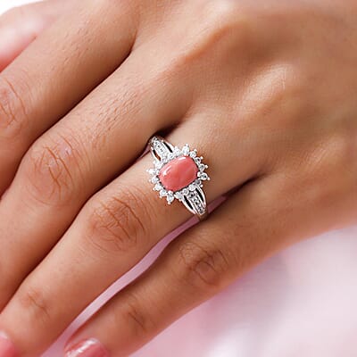 Peach Opal and White Zircon 1.60 ctw Ring in Platinum Over Sterling Silver (Size 10.0)