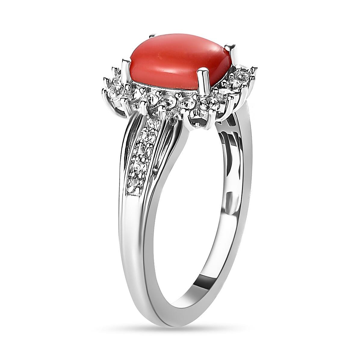 Peach Opal and White Zircon 1.60 ctw Ring in Platinum Over Sterling Silver (Size 10.0)