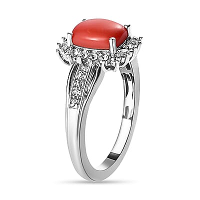 Peach Opal and White Zircon 1.60 ctw Ring in Platinum Over Sterling Silver (Size 10.0)
