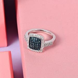 Blue Diamond and White Diamond 0.71 ctw Ring in Platinum Over Sterling Silver (Size 11.5)
