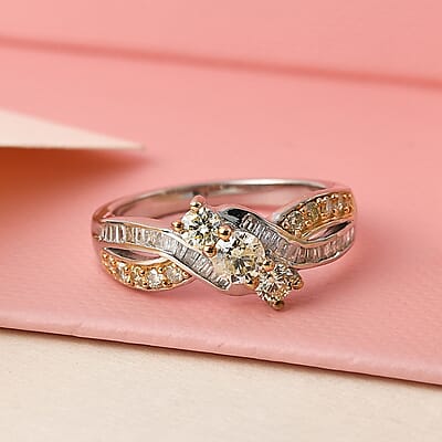 Natural Yellow and White Diamond I3 Criss Cross Ring in Rhodium and Platinum Over Sterling Silver (Size 10.0) 0.75 ctw