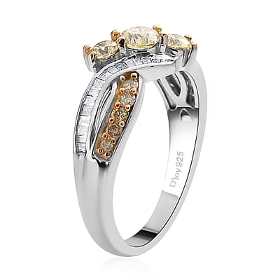Natural Yellow and White Diamond I3 Criss Cross Ring in Rhodium and Platinum Over Sterling Silver (Size 10.0) 0.75 ctw