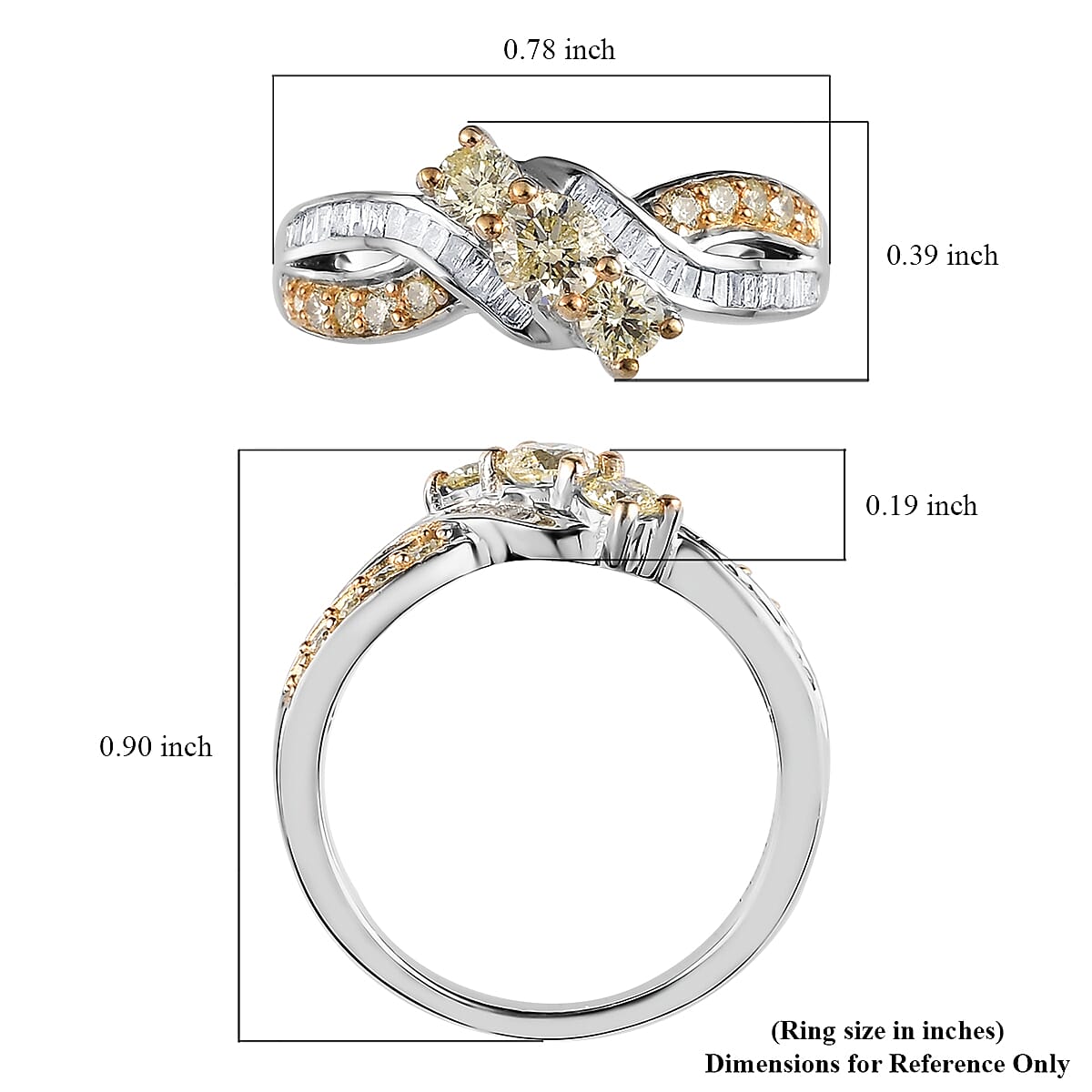 Natural Yellow and White Diamond I3 Criss Cross Ring in Rhodium and Platinum Over Sterling Silver (Size 10.0) 0.75 ctw