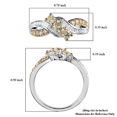 Natural Yellow and White Diamond I3 Criss Cross Ring in Rhodium and Platinum Over Sterling Silver (Size 10.0) 0.75 ctw