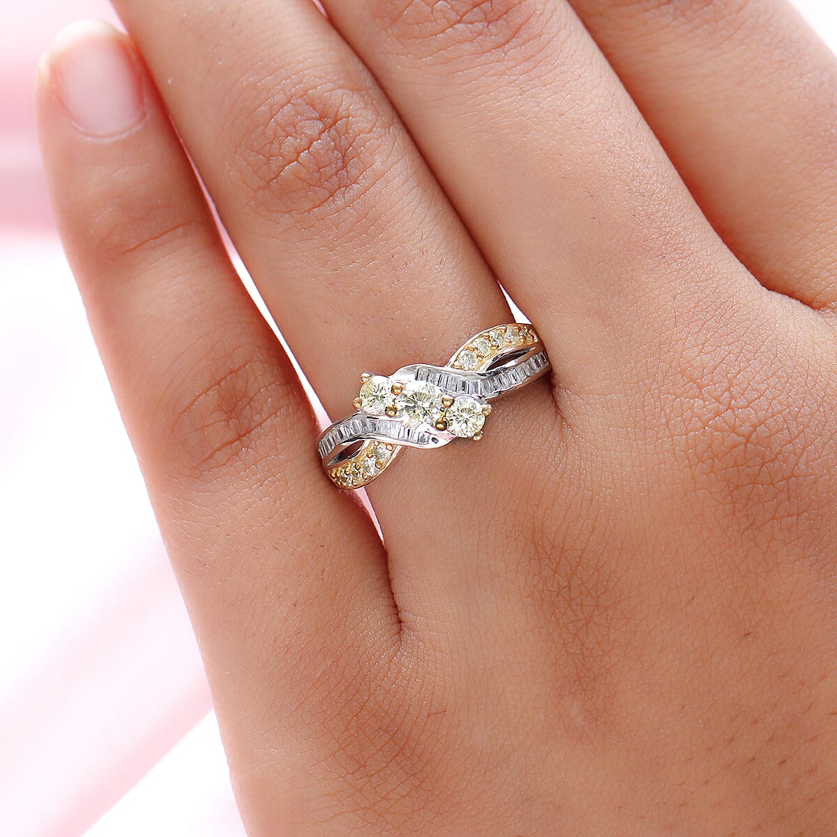 Natural Yellow and White Diamond I3 Criss Cross Ring in Rhodium and Platinum Over Sterling Silver (Size 7.0) 0.75 ctw image number 2