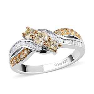 Natural Yellow and White Diamond I3 Criss Cross Ring in Rhodium and Platinum Over Sterling Silver (Size 8.0) 0.75 ctw