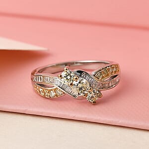 Natural Yellow and White Diamond I3 Criss Cross Ring in Rhodium and Platinum Over Sterling Silver (Size 8.0) 0.75 ctw