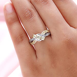 Natural Yellow and White Diamond I3 Criss Cross Ring in Rhodium and Platinum Over Sterling Silver (Size 8.0) 0.75 ctw