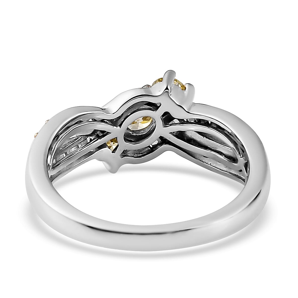 Natural Yellow and White Diamond I3 Criss Cross Ring in Rhodium and Platinum Over Sterling Silver (Size 8.0) 0.75 ctw image number 4