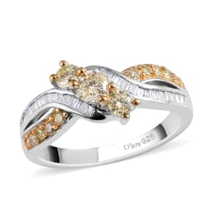 Natural Yellow and White Diamond I3 Criss Cross Ring in Rhodium and Platinum Over Sterling Silver (Size 9.0) 0.75 ctw