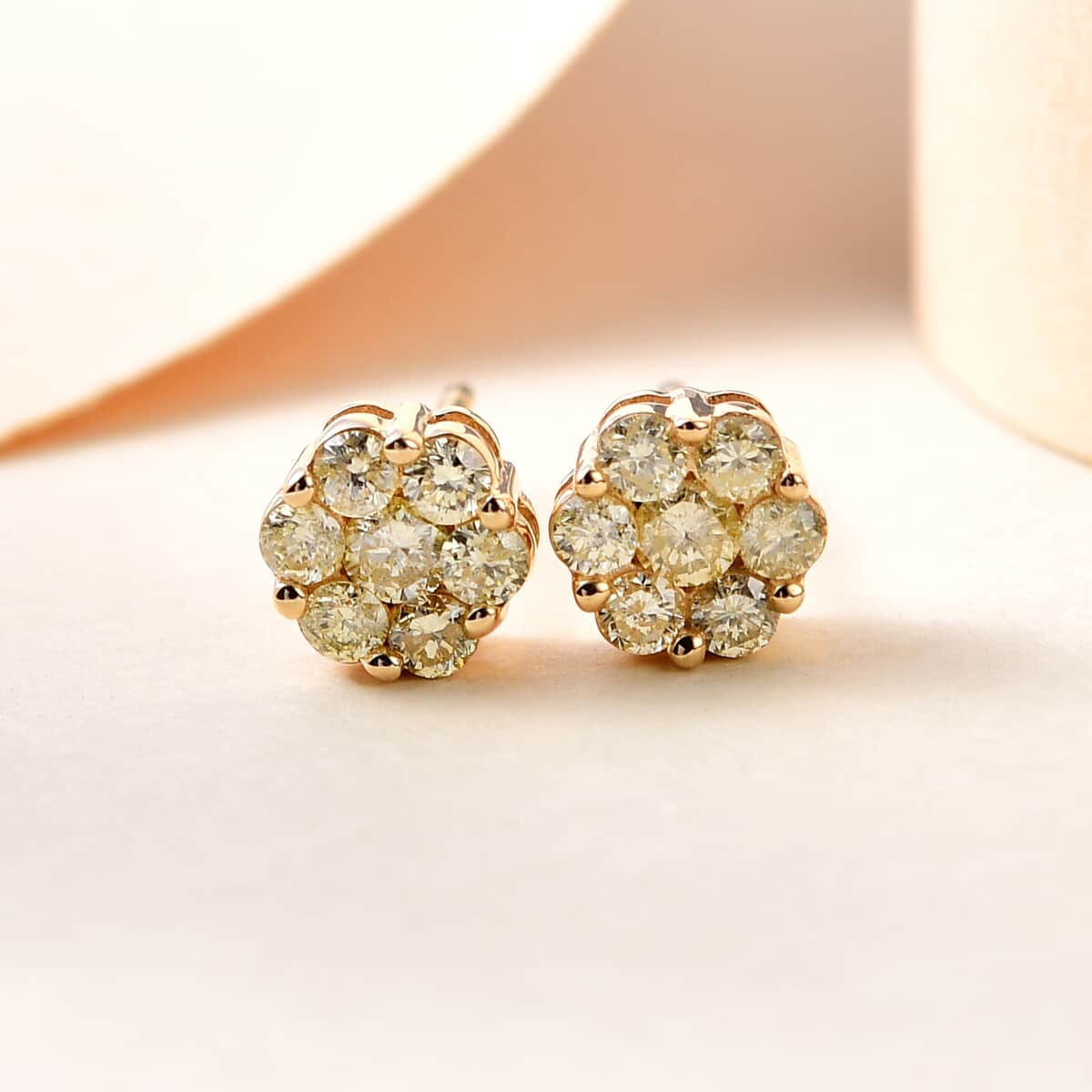 Luxoro 10K Yellow Gold Pressure Set Natural Yellow Diamond I3 Floral Stud Earrings 0.50 ctw image number 1