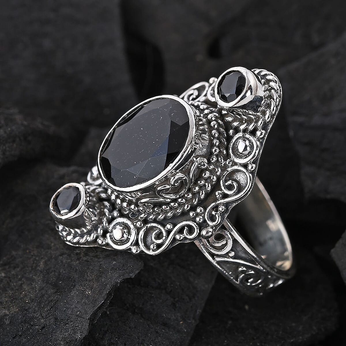 BALI LEGACY Australian Black Tourmaline and Natural Thai Black Spinel Ring in Sterling Silver 9 Grams 5.65 ctw image number 1