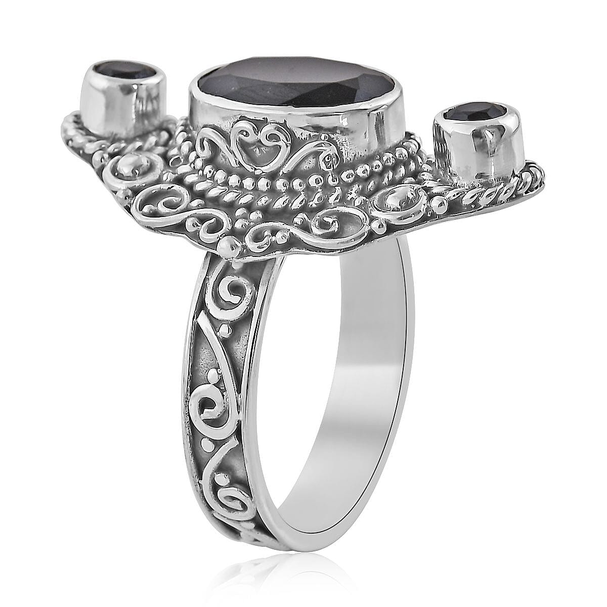 BALI LEGACY Australian Black Tourmaline and Natural Thai Black Spinel Ring in Sterling Silver 9 Grams 5.65 ctw image number 3