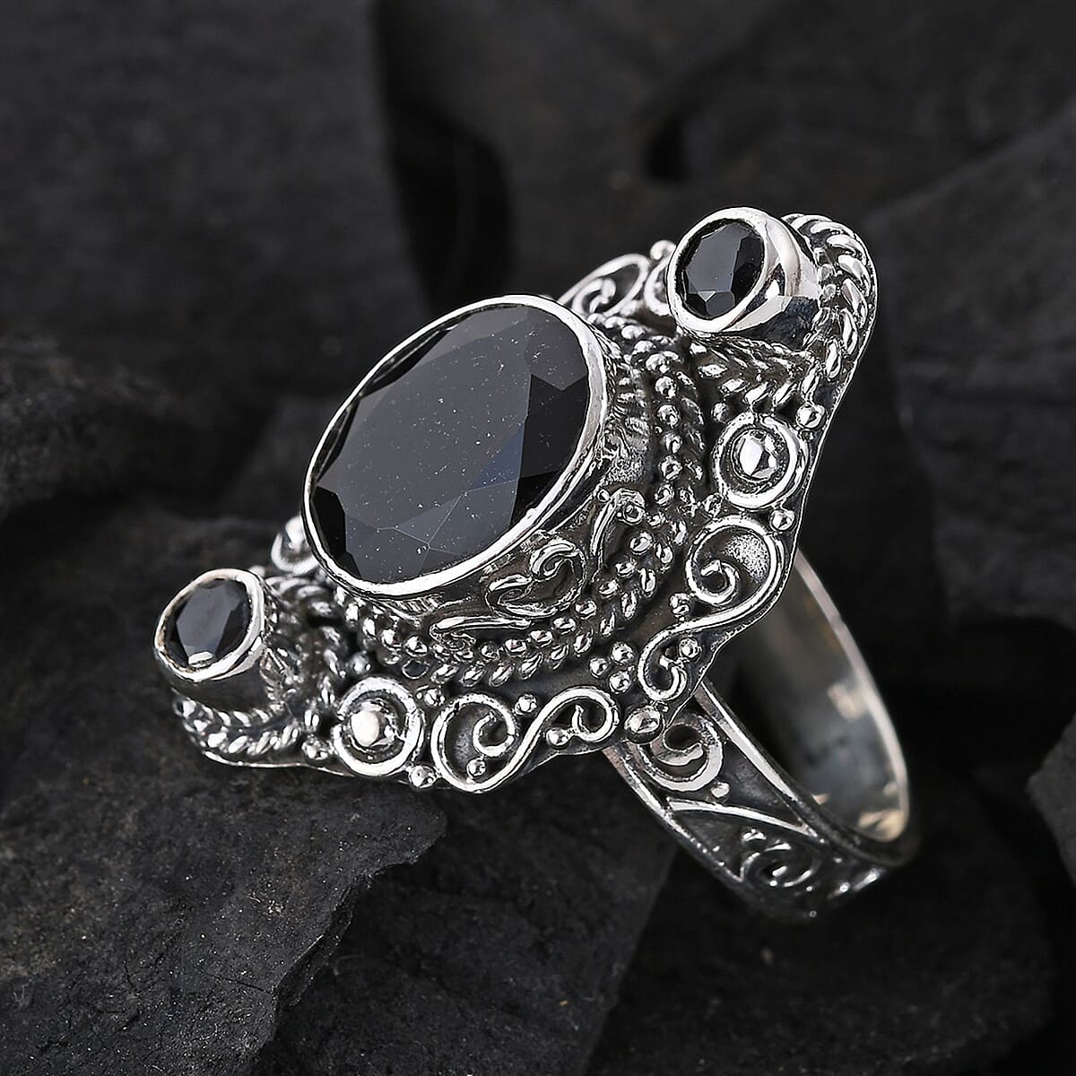 Bali Legacy Australian Black Tourmaline and Thai Black Spinel Ring in Sterling Silver (Size 6.0) 5.65 ctw image number 1