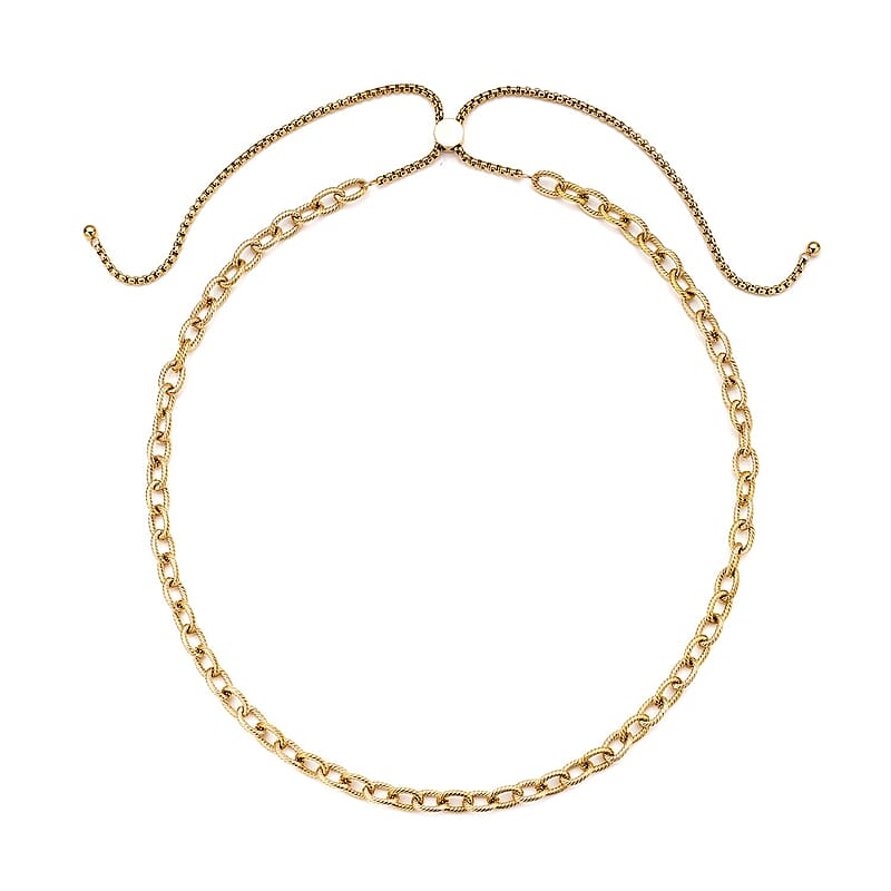 Cable Chain Necklace with Adjustable Ball in ION Plated YG Stainless Steel 18-29 Inches, Tarnish-Free, Waterproof, Sweat Proof Jewelry