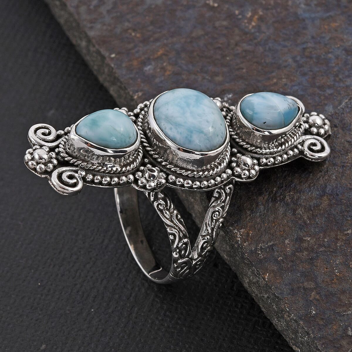 Bali Legacy Larimar 3 Stone Ring in Sterling Silver (Size 6.0) 12 Grams 7.75 ctw image number 1