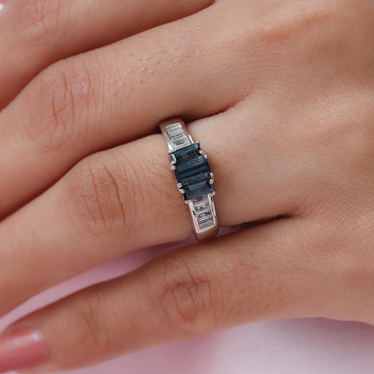 Premium Monte Belo Indicolite and White Topaz Ring in Platinum Over Sterling Silver (Size 6.0) 1.25 ctw image number 2