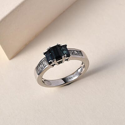 Premium Monte Belo Indicolite and White Topaz Ring in Platinum Over Sterling Silver (Size 8.0) 1.25 ctw
