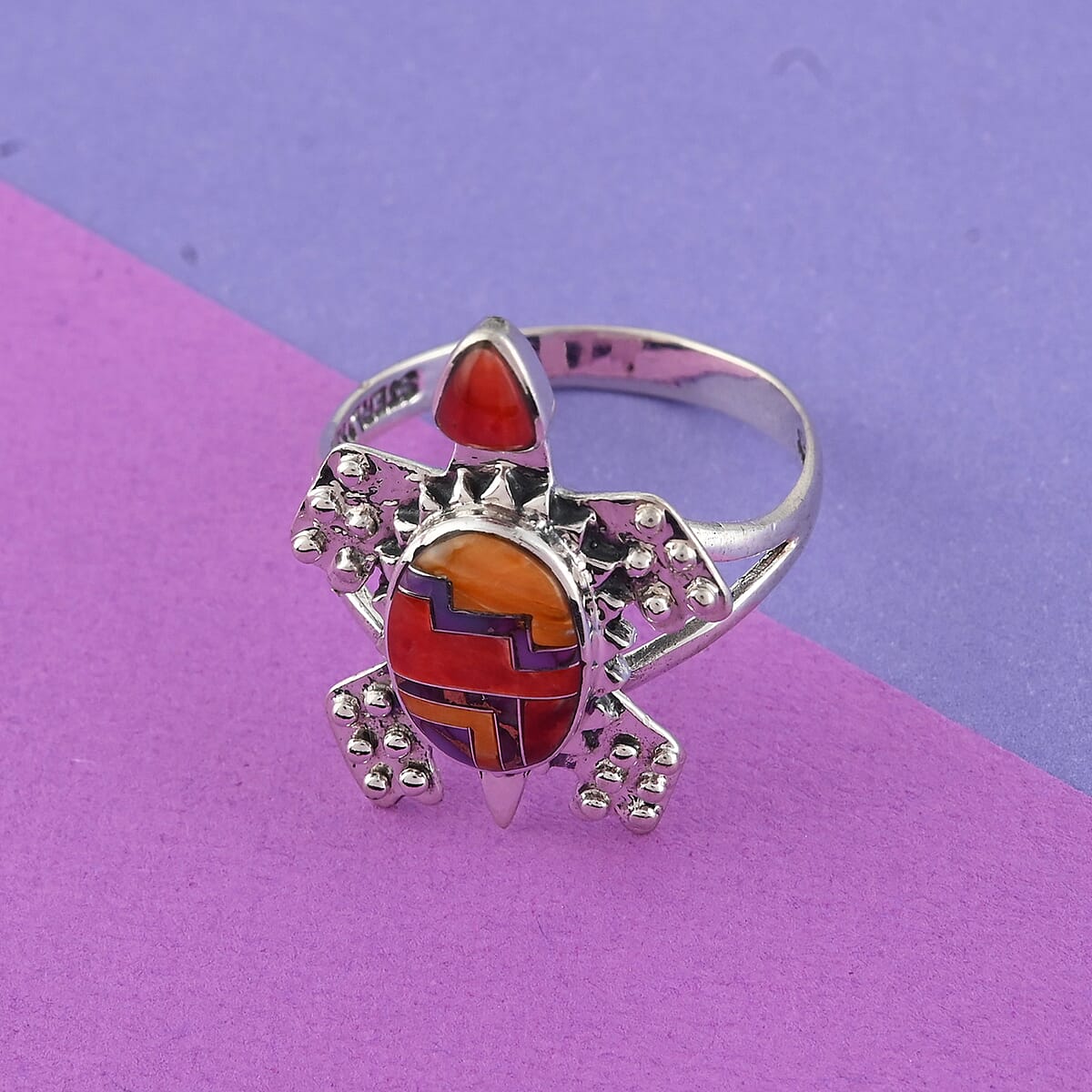 SANTA FE Style Multi Color Spiney Oyster Shell and Mojave Purple Turquoise Sea Turtle Split Shank Ring in Sterling Silver 0.20 ctw image number 1