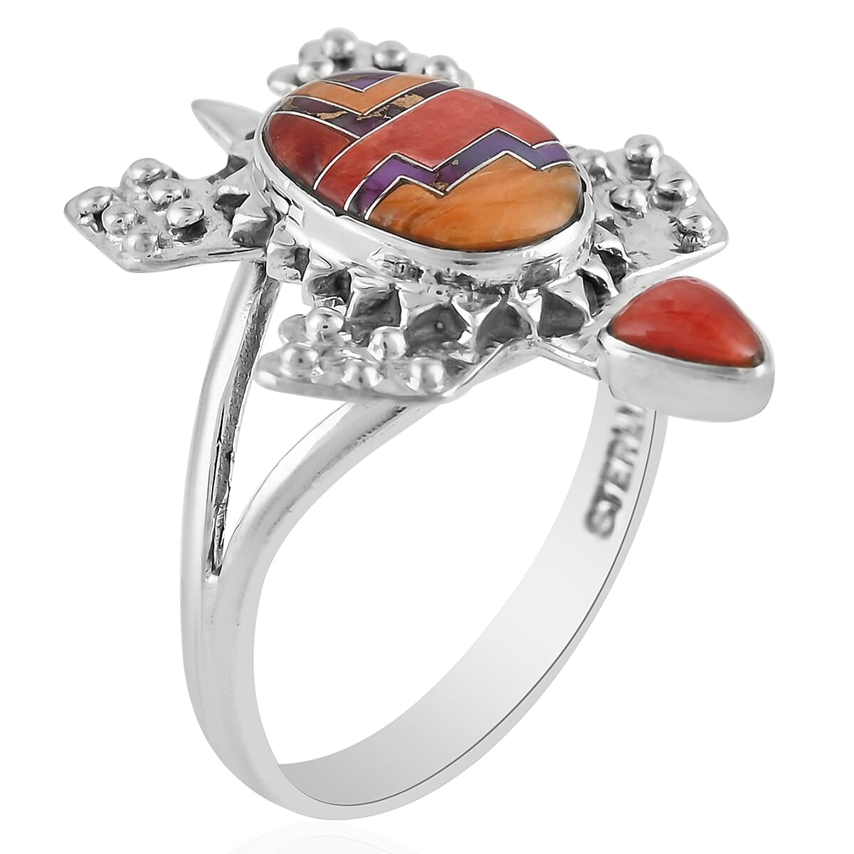 SANTA FE Style Multi Color Spiney Oyster Shell and Mojave Purple Turquoise Sea Turtle Split Shank Ring in Sterling Silver 0.20 ctw image number 3