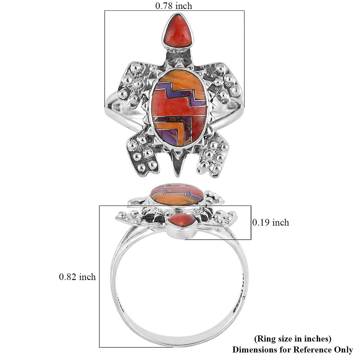 SANTA FE Style Multi Color Spiney Oyster Shell and Mojave Purple Turquoise Sea Turtle Split Shank Ring in Sterling Silver 0.20 ctw image number 4