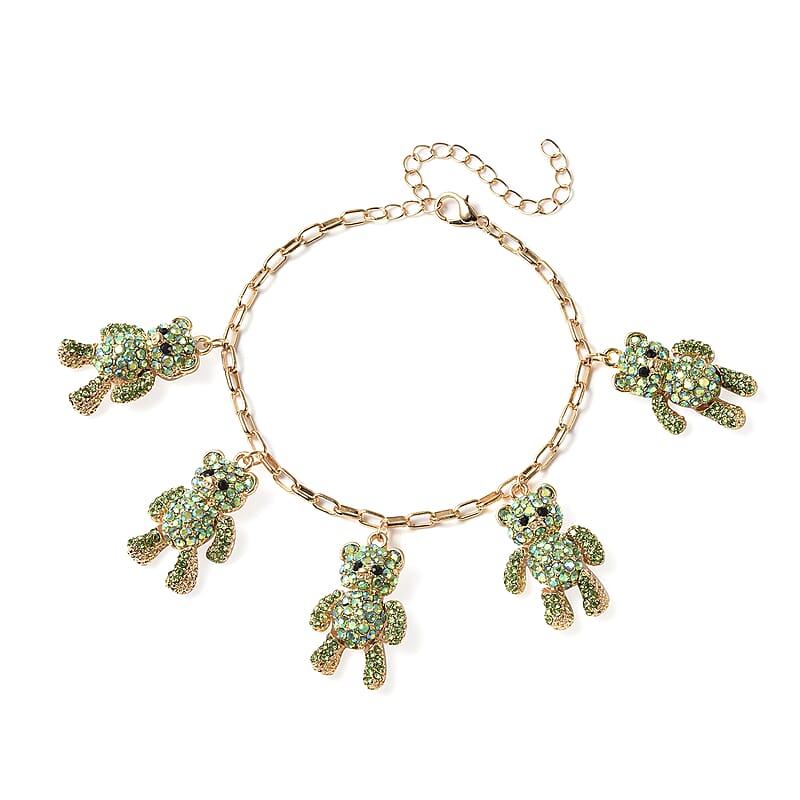 Green and Black Austrian Crystal Teddy Bear Charm Paper Clip Chain Bracelet in Goldtone (8.00 In)