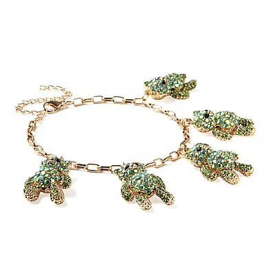 Green and Black Austrian Crystal Teddy Bear Charm Paper Clip Chain Bracelet in Goldtone (8.00 In)