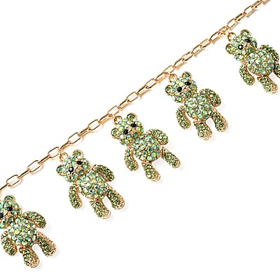 Green and Black Austrian Crystal Teddy Bear Charm Paper Clip Chain Bracelet in Goldtone (8.00 In)