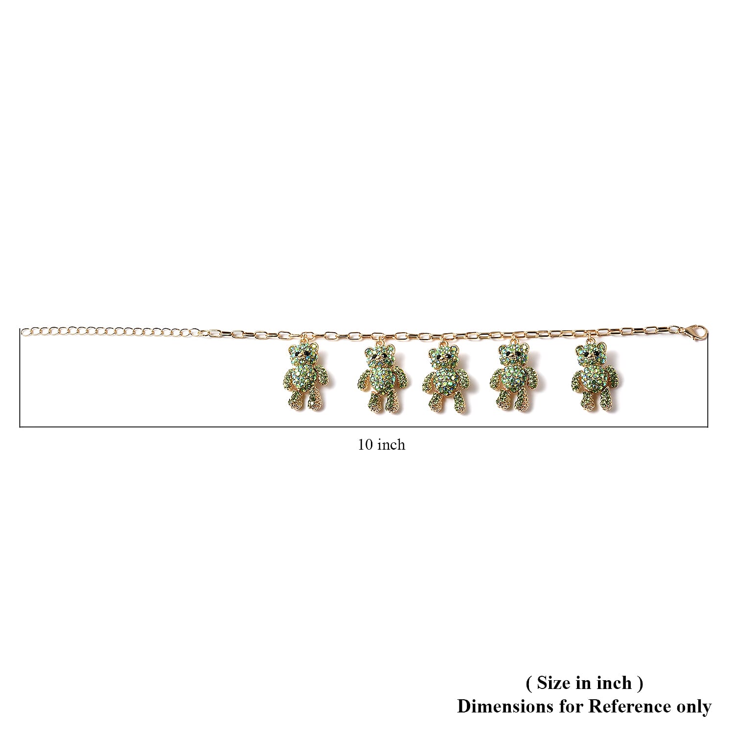 Green and Black Austrian Crystal Teddy Bear Charm Paper Clip Chain Bracelet in Goldtone (8.00 In)