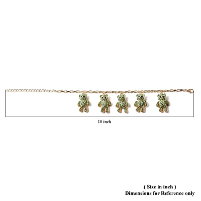 Green and Black Austrian Crystal Teddy Bear Charm Paper Clip Chain Bracelet in Goldtone (8.00 In)