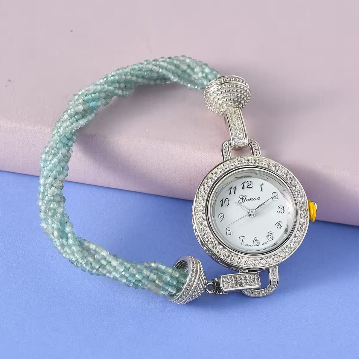 Genoa Miyota Japanese Movement Apatite, White Zircon 61.00 ctw Beaded Multi Strand Bracelet Watch (8.0 in) image number 1