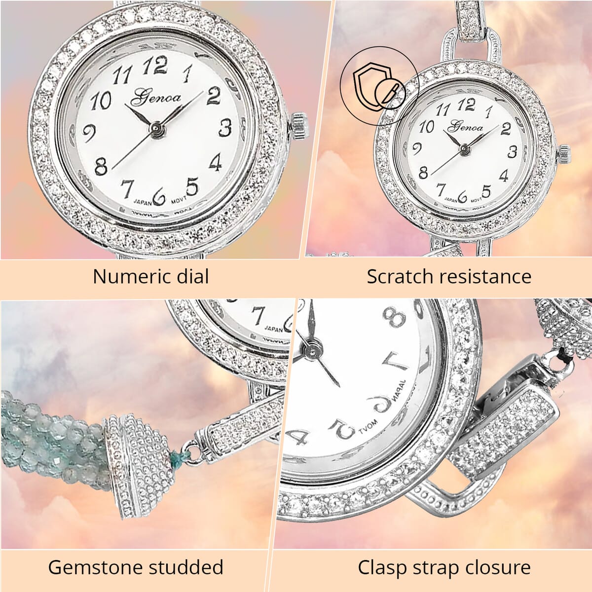 Genoa Miyota Japanese Movement Apatite, White Zircon 61.00 ctw Beaded Multi Strand Bracelet Watch (8.0 in) image number 3