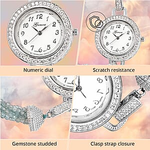 Genoa Miyota Japanese Movement Apatite, White Zircon 61.00 ctw Beaded Multi Strand Bracelet Watch (8.0 in)