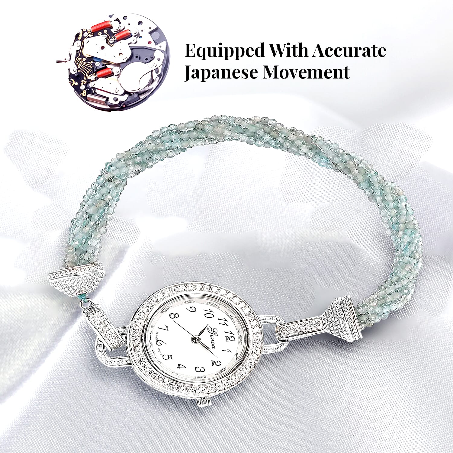 Genoa Miyota Japanese Movement Apatite, White Zircon 61.00 ctw Beaded Multi Strand Bracelet Watch (8.0 in)