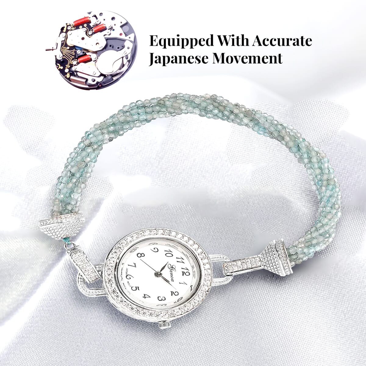 Genoa Miyota Japanese Movement Apatite, White Zircon 61.00 ctw Beaded Multi Strand Bracelet Watch (8.0 in) image number 4