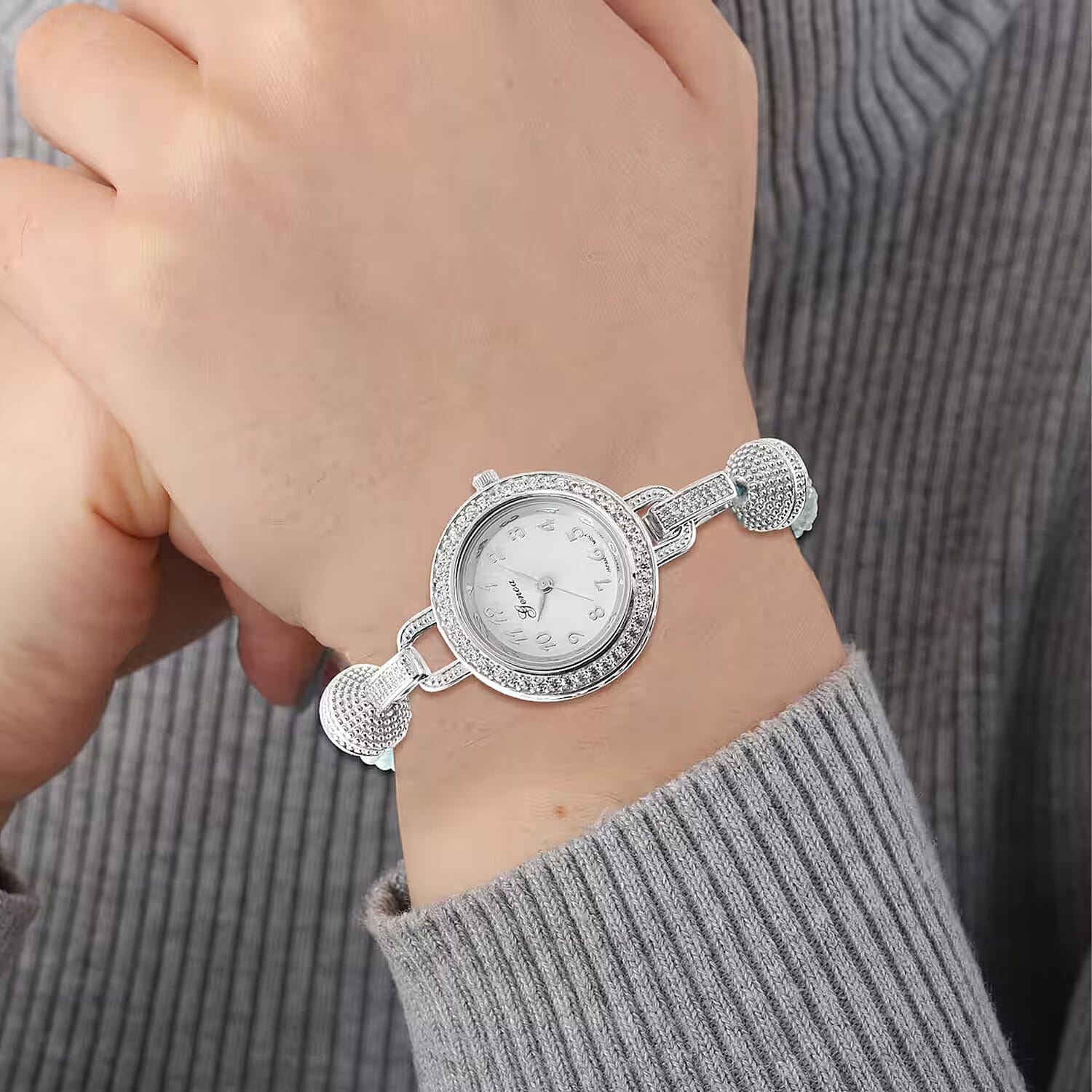 Genoa Miyota Japanese Movement Apatite, White Zircon 61.00 ctw Beaded Multi Strand Bracelet Watch (8.0 in)