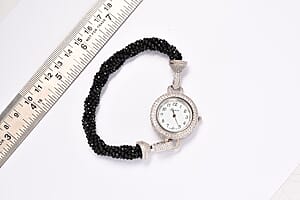 Genoa Miyota Japanese Movement Thai Black Spinel, Zircon Beaded Multi Strand Bracelet Watch (8.0 in) 71.00 ctw