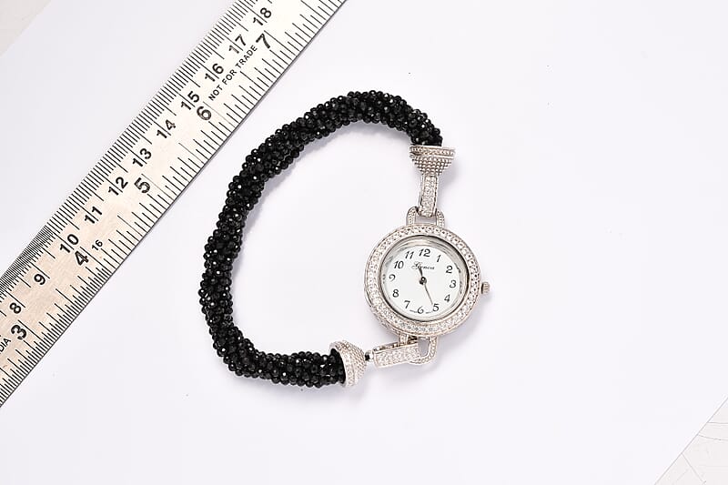Genoa Miyota Japanese Movement Thai Black Spinel, Zircon Beaded Multi Strand Bracelet Watch (8.0 in) 71.00 ctw