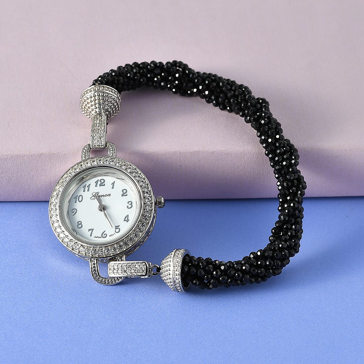 Genoa Miyota Japanese Movement Thai Black Spinel, Zircon Beaded Multi Strand Bracelet Watch (8.0 in) 71.00 ctw image number 1