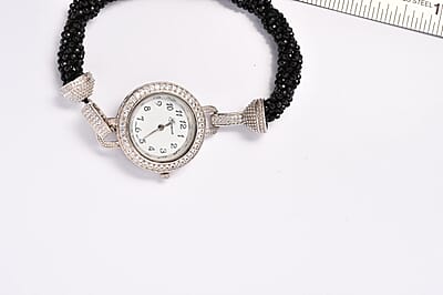 Genoa Miyota Japanese Movement Thai Black Spinel, Zircon Beaded Multi Strand Bracelet Watch (8.0 in) 71.00 ctw