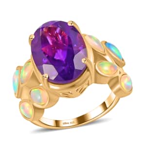 Premium Amethyst and Ethiopian Welo Opal 6.60 ctw Accent Ring, Vermeil Yellow Gold Over Sterling Silver Ring, Fancy Ring