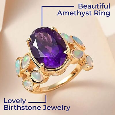 Premium Amethyst and Ethiopian Welo Opal 6.60 ctw Accent Ring, Vermeil Yellow Gold Over Sterling Silver Ring, Fancy Ring
