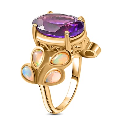 Premium Amethyst and Ethiopian Welo Opal 6.60 ctw Accent Ring, Vermeil Yellow Gold Over Sterling Silver Ring, Fancy Ring