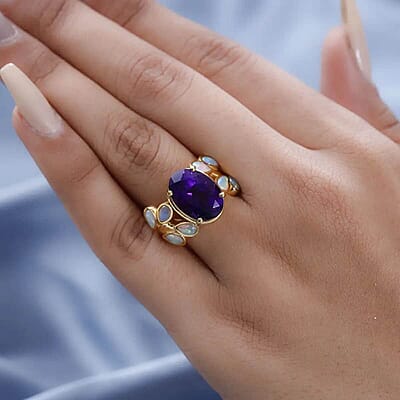 Premium Amethyst and Ethiopian Welo Opal 6.60 ctw Accent Ring, Vermeil Yellow Gold Over Sterling Silver Ring, Fancy Ring